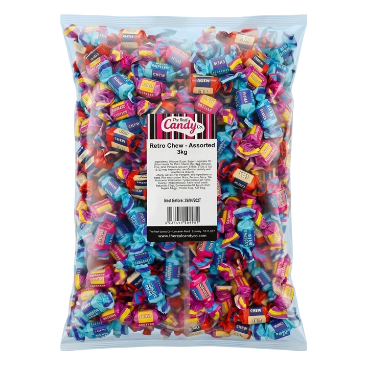 Real Retro Assorted Chew Flavours Blue Raspberry Rhubarb & Custard Cola and Bubblegum 3kg