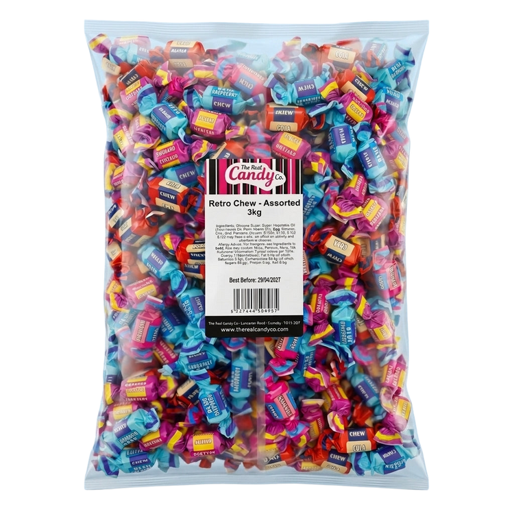 Real Retro Assorted Chew Flavours Blue Raspberry Rhubarb & Custard Cola and Bubblegum 3kg