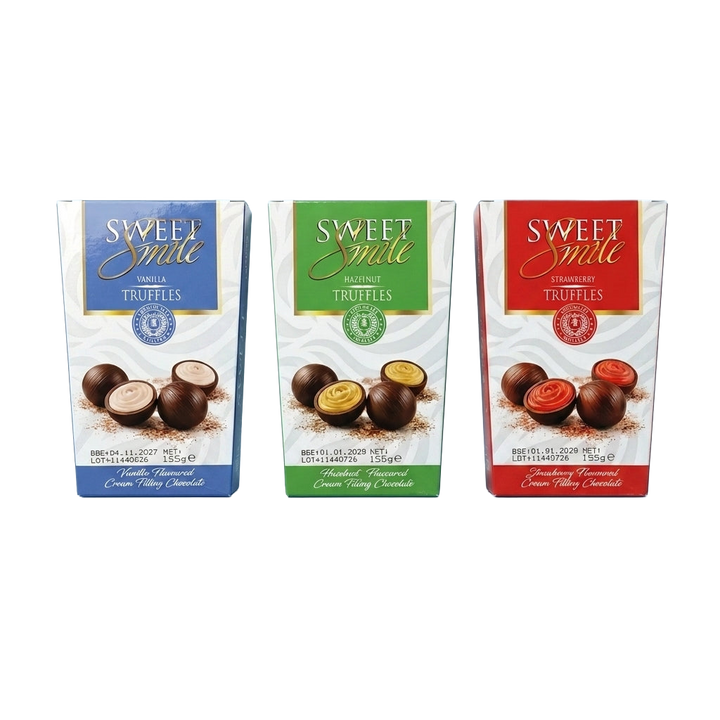Sweet Smile Bundle 1 x 155g Vanilla Truffles 1 x 155g Hazelnut Truffles 1 x 155g Strawberry Truffles 465g