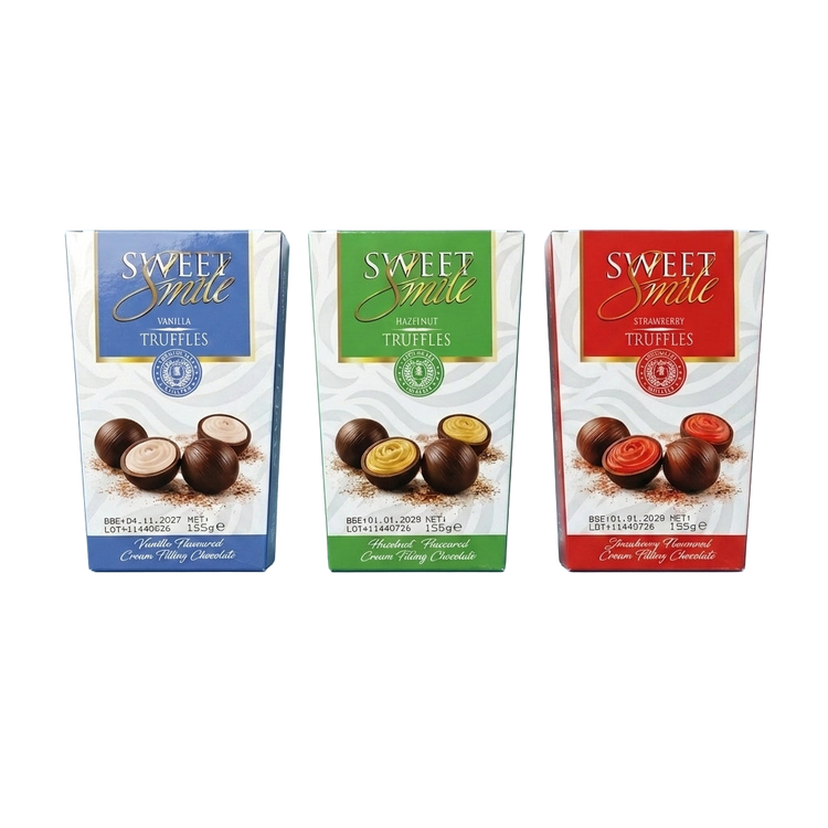 Sweet Smile Bundle 1 x 155g Vanilla Truffles 1 x 155g Hazelnut Truffles 1 x 155g Strawberry Truffles 465g