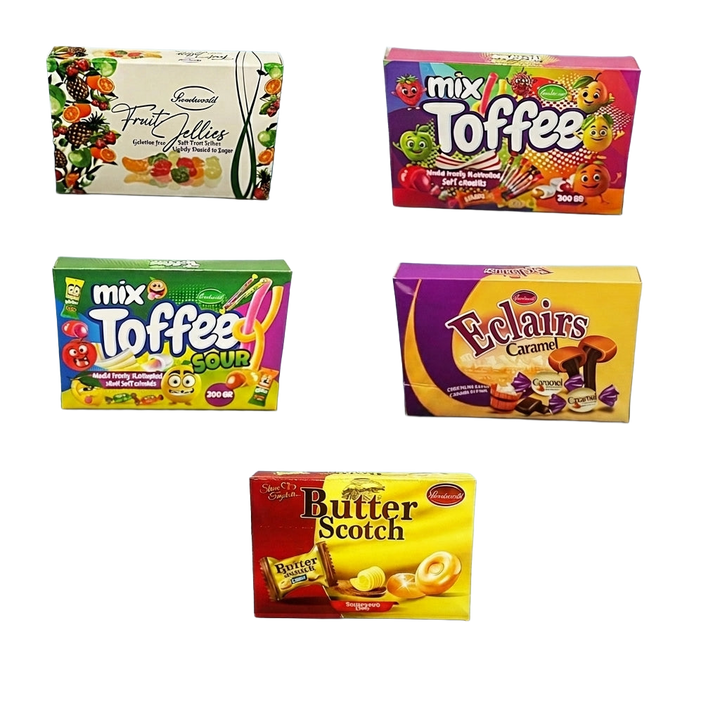 Yummys Five Toffee Boxes Bundle Fruit Jellies Mix Toffee Chocolate Eclairs Butter Scotch 1kg