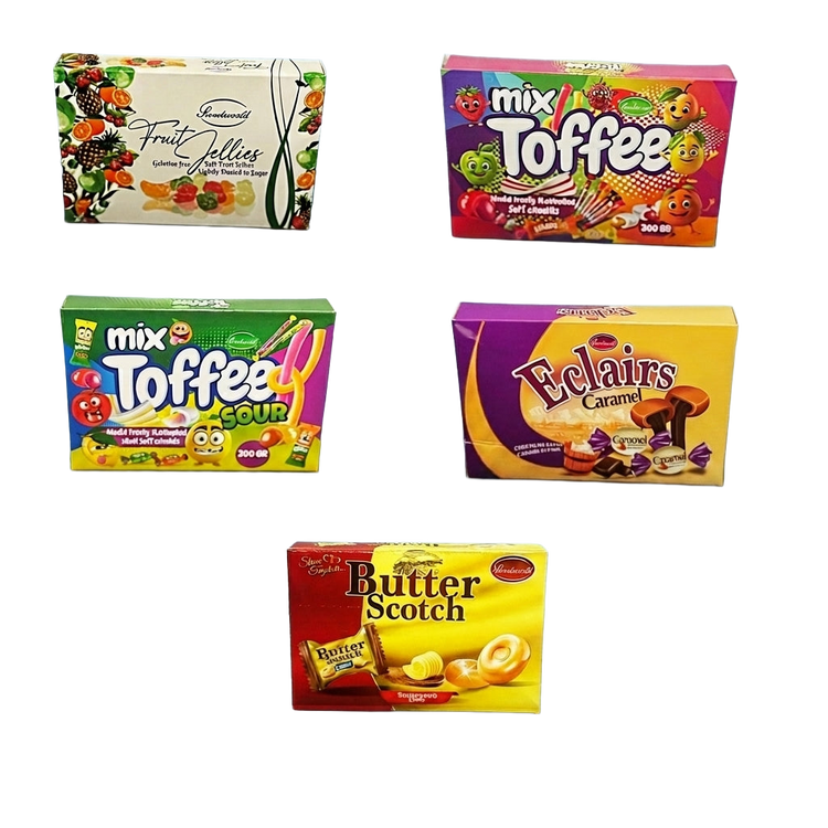 Yummys Five Toffee Boxes Bundle Fruit Jellies Mix Toffee Chocolate Eclairs Butter Scotch 1kg